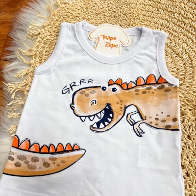 Conj. Regata Dino Grrr e Bermuda em Moletinho - Branco e Areia